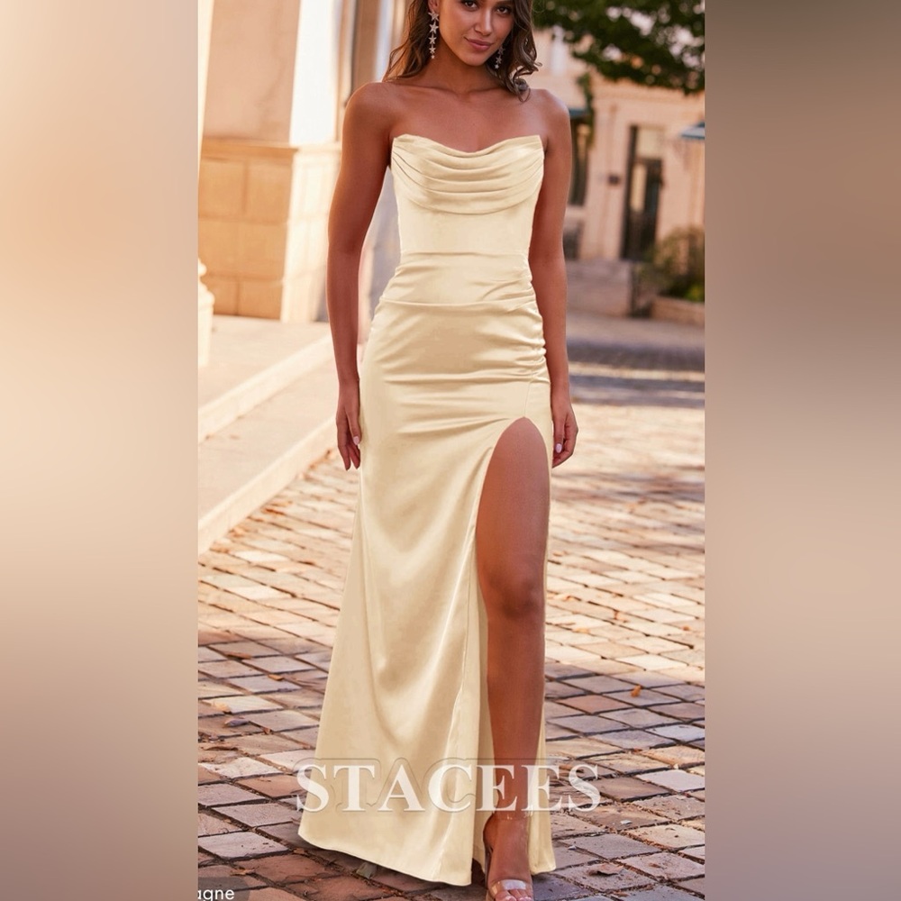 NEW! Satin Fitted Pleated Cowl Neck Formal Dress In Champagne